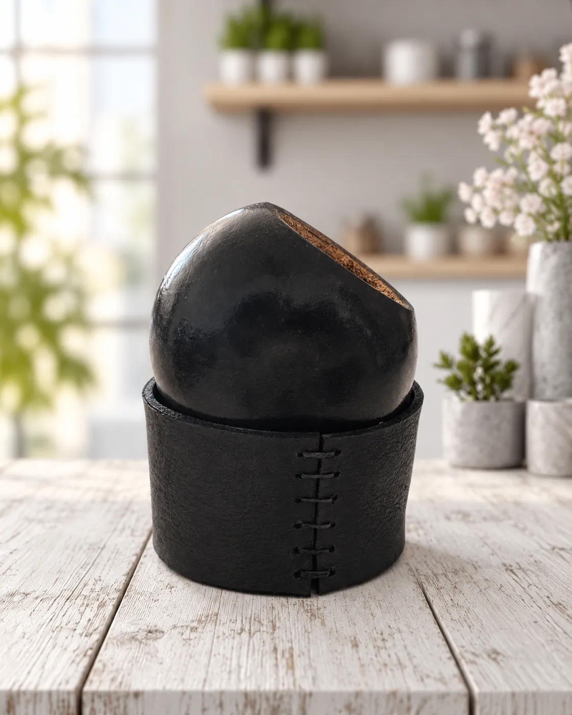 Mate de calabaza galleta pulida black con base de cuero