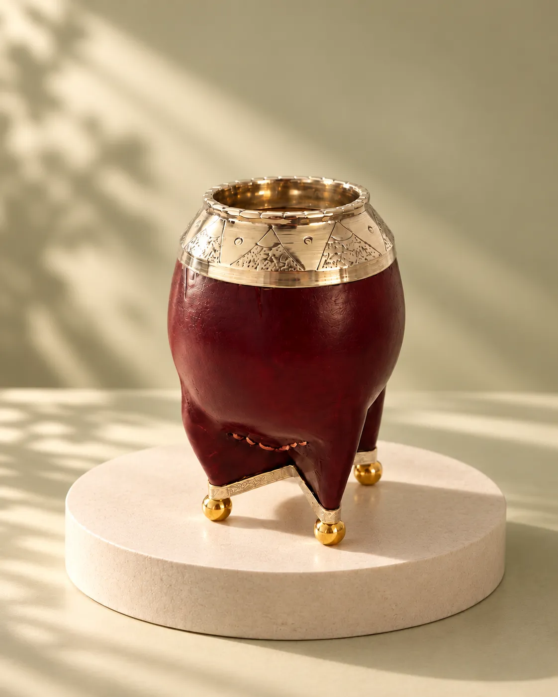 Mate torpedo estilo uruguayo en cuero liso con alpaca y bronce